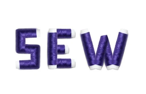 Sew word from purple thread spools, isolated on white background. Stock Illustration