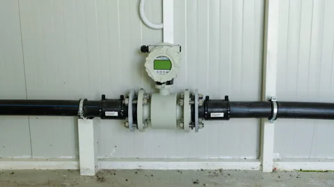 Sewage purification system featuring a detailed view of pipes and a flow meter Stock Footage 318712699