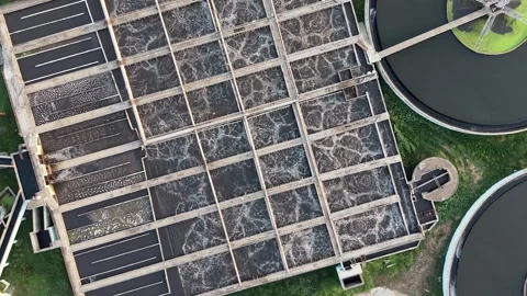 Sewage treatment facility processing wastewater through aeration Stock Footage 340814475