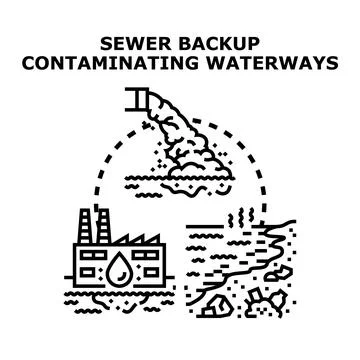 Sewer backup contaminating waterways causing environmental pollution Stock Illustration