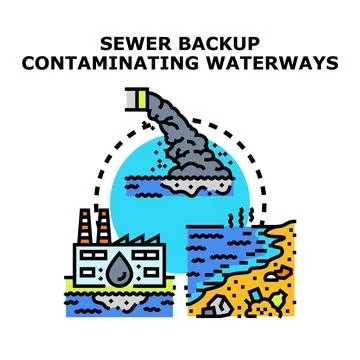 Sewer backup contaminating waterways causing environmental pollution Stock Illustration