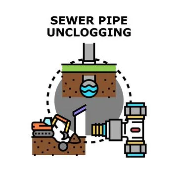 Sewer pipe unclogging process with excavation equipment Illustrazione stock
