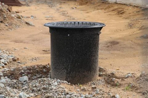 Sewer well on the construction  site 스톡 사진