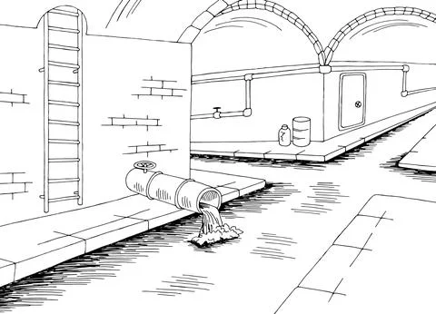 Sewerage tunnel pipe system black white interior sketch illustration vector Stock Illustration