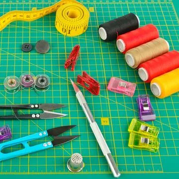 Sewing accessories on a patchwork mat. 스톡 사진