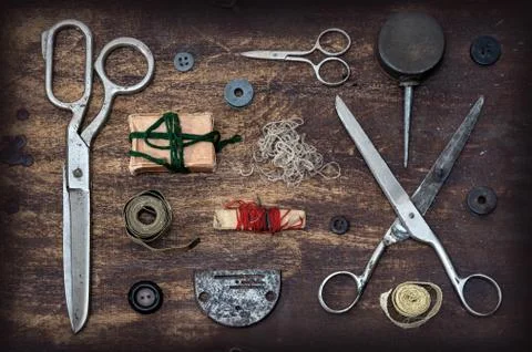 Sewing accessories on  table Stock Photos