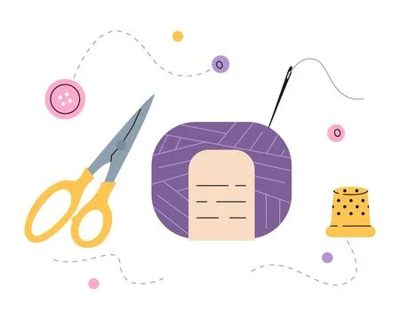 Sewing and knitting tools. Purple yarn with a needle, yellow scissors イラスト素材