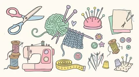 Sewing and knitting tools vector set featuring cute hand drawn crafts element Stock Illustration