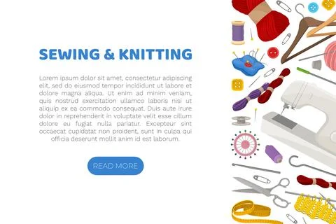 Sewing and Knitting Workshop Banner Design with Equipment Vector Template Stock Illustration