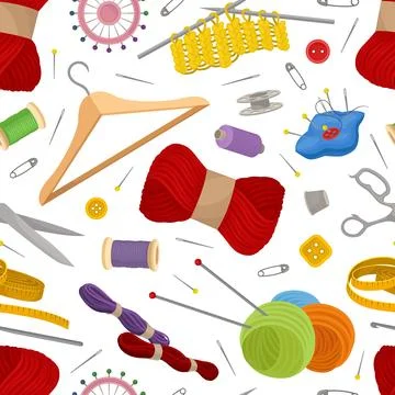 Sewing and Knitting Workshop Seamless Pattern Design with Equipment Vector 스톡 일러스트