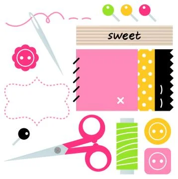 Sewing and Needlework accessories isolated on white Stock Illustration