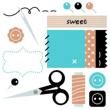 Sewing and Needlework accessories isolated on white Stock Illustration