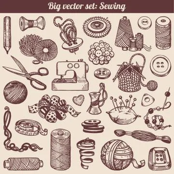 Sewing and needlework doodles collection 库存插图