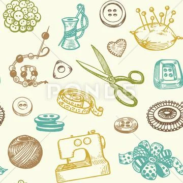Sewing and needlework doodles seamless pattern vector Stock Illustration