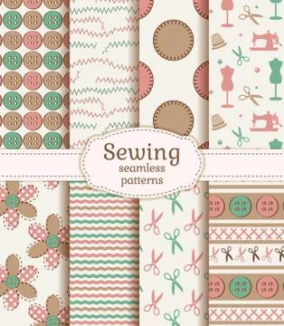 Sewing and needlework seamless patterns. Vector set. Stockillustratie