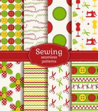 Sewing and needlework seamless patterns. Vector set. Illustrazione stock
