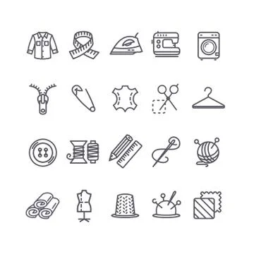 Sewing and Needlework Tool Black Thin Line Icon Set. Vector Stock Illustration