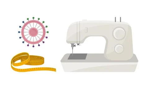 Sewing and Tailoring Accessories with Machine and Measuring Tape Vector Set Stock Illustration
