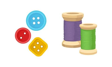 Sewing and Tailoring Accessories with Spool of Thread and Buttons Vector Set 스톡 일러스트