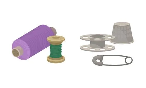 Sewing and Tailoring Accessories with Threads and Thimble Vector Set Illustrazione stock