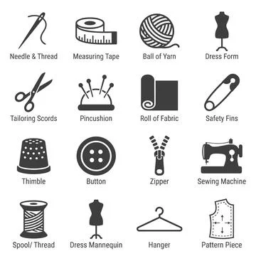 Sewing and tailoring icons set including needle and thread, measuring tape,.. Stock Illustration