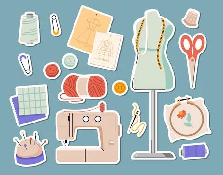 Sewing and tailoring tools stickers. Vector illustration Stock Illustration