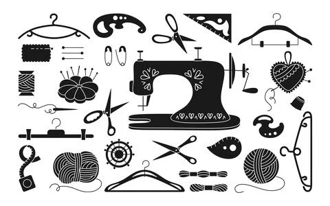 Sewing black glyph set thread scissors pin vector Stock Illustration