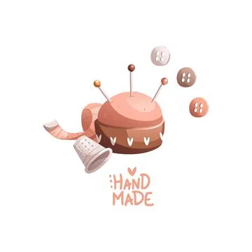 Sewing composition with pins, thimble, sponge and buttons. The inscription is Stock Illustration