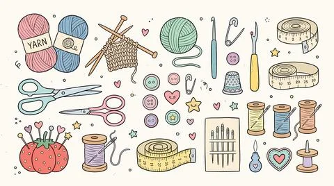 Sewing craft tools collection featuring colorful yarn scissors buttons and .. Illustrazione stock