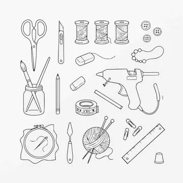 Sewing craft tools illustration set, hot glue gun, threads, buttons, scisso.. Stock Illustration