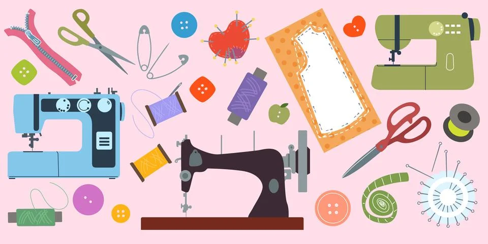 Sewing craft tools. Tailoring accessories. Fashion dressmaking on mannequin. Stock Illustration