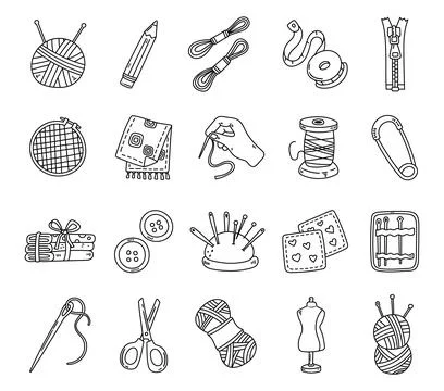 Sewing cutting tools set in outline line art Stock Illustration