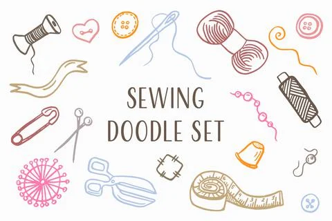Sewing doodle icons set. Vector outline illustration. Tailoring background for Stock Illustration