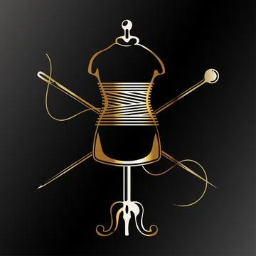 Sewing dummy, needle and thread. Golden banner for sewing cutting Stock Illustration