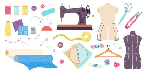 Sewing elements. Hand crafting, tailor shop collection. Sew mannequin, clothes Illustrazione stock