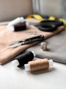 Sewing essentials. Threads, scissors, and thimble in soft light Stock Photos
