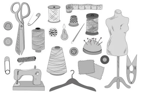 Sewing. Everything for sewing. Thematic selection. Sketch. Vector. For design Ilustración de archivo