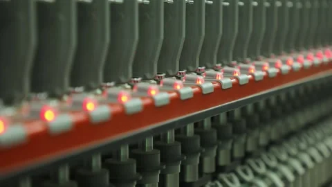 Sewing factory, spinning elements, no threads, lights on, close-up, focus Stock Footage 208109603