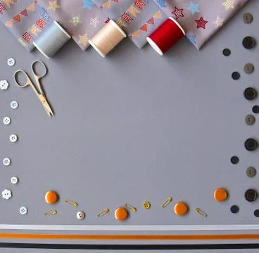 Sewing flatlay with copyspace. Stock Photos