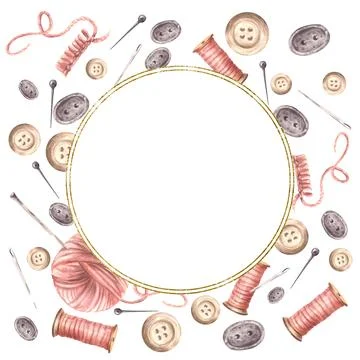 Sewing frame. Buttons, yarn ball with knitting needles, thread spool, pins Illustrazione stock