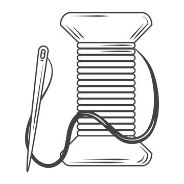 Sewing hobby with thread and needle, sketch style design vector Stock Illustration