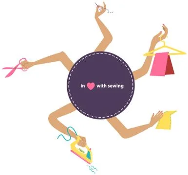 Sewing illustration with collection of differnt tools in hands Stock Illustration