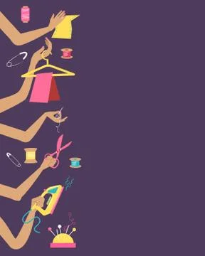Sewing illustration with collection of differnt tools in hands Stock Illustration
