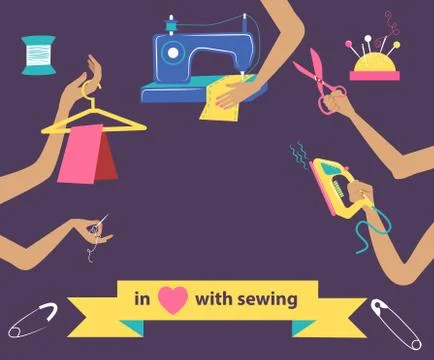 Sewing illustration with collection of differnt tools in hands Stock Illustration