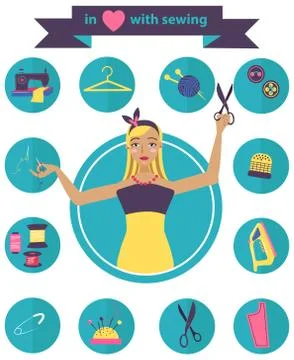 Sewing illustration with dressmaker and differnt tools Stock Illustration