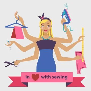 Sewing illustration with dressmaker and differnt tools Stock Illustration