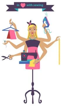 Sewing illustration with dressmaker and differnt tools Stock Illustration