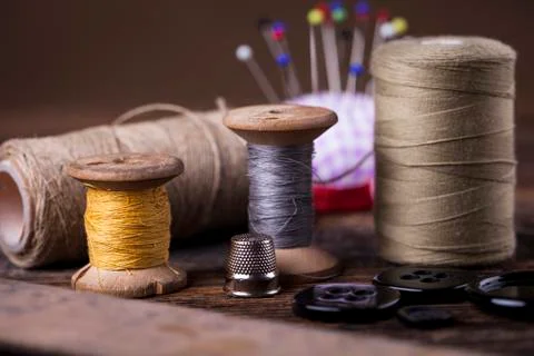 Sewing instruments, threads, needles in vintaae style Stock Photos