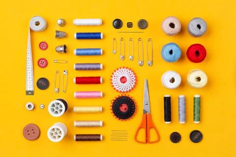 Sewing items arranged Stock Photos
