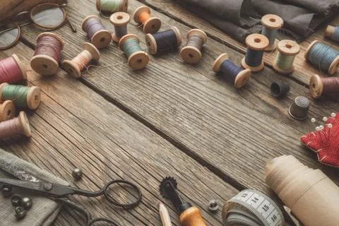 Sewing items. Copy space for text. Stock Photos